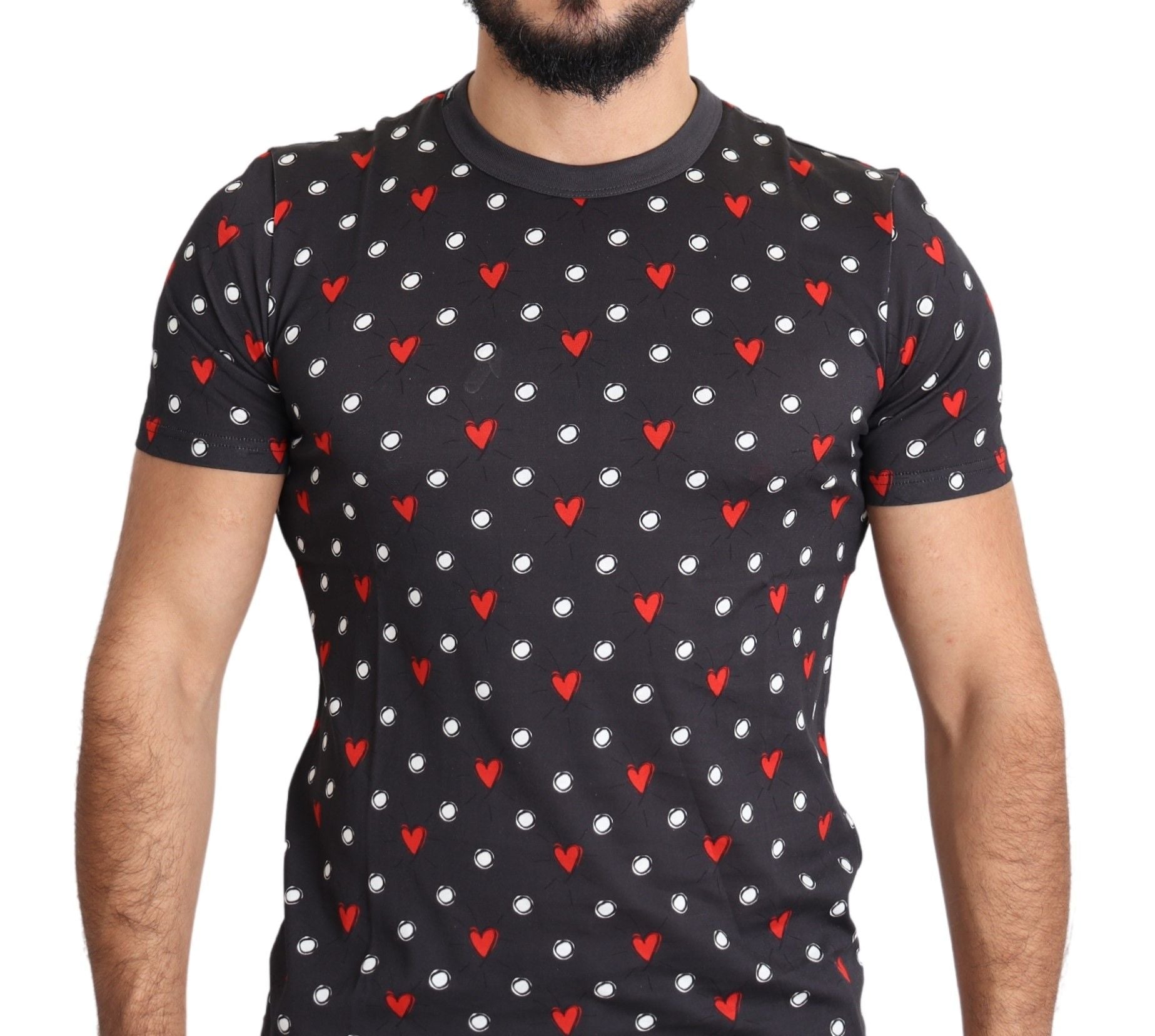 Dolce &amp; Gabbana Dark Gray Hearts Print Cotton Men T-shirt