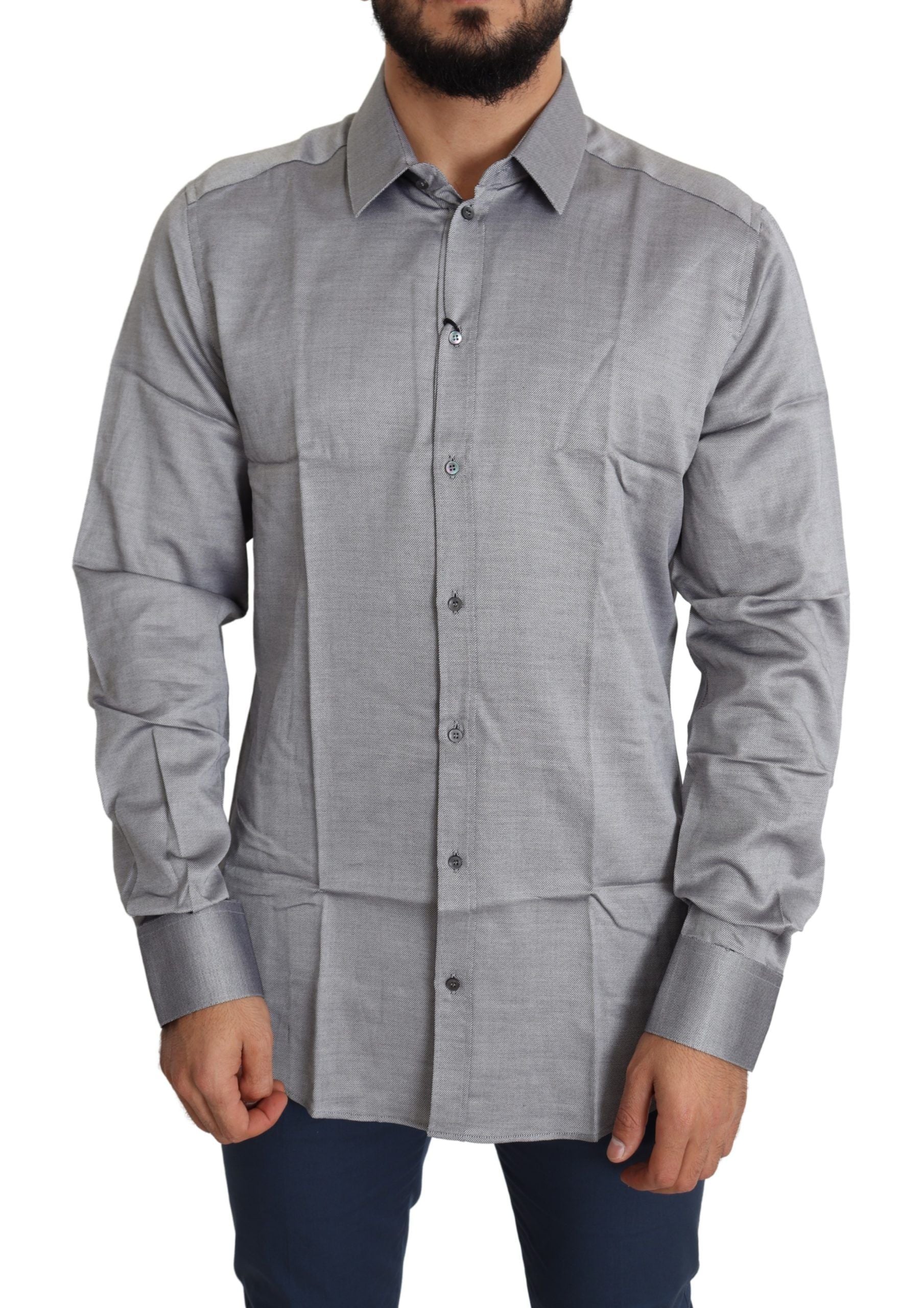 Dolce &amp; Gabbana Gray Cotton Men Formal GOLD Dress Shirt