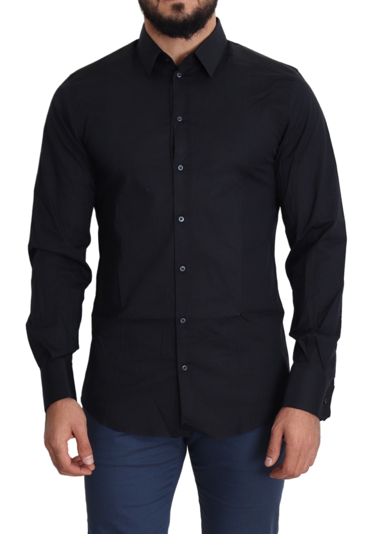 Dolce &amp; Gabbana Blue Cotton Formal GOLD Dress Shirt