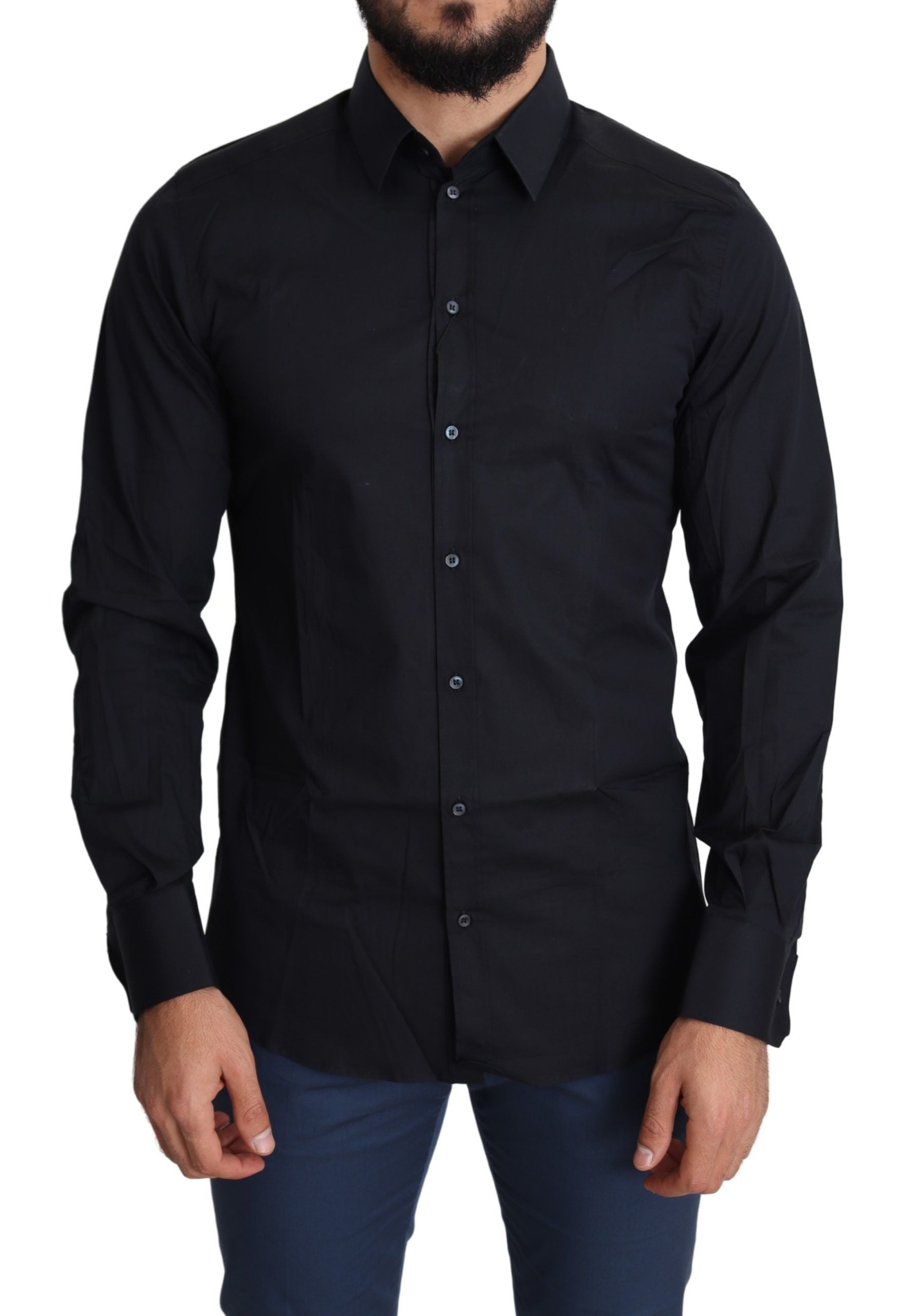 Dolce &amp; Gabbana Blue Cotton Formal GOLD Dress Shirt