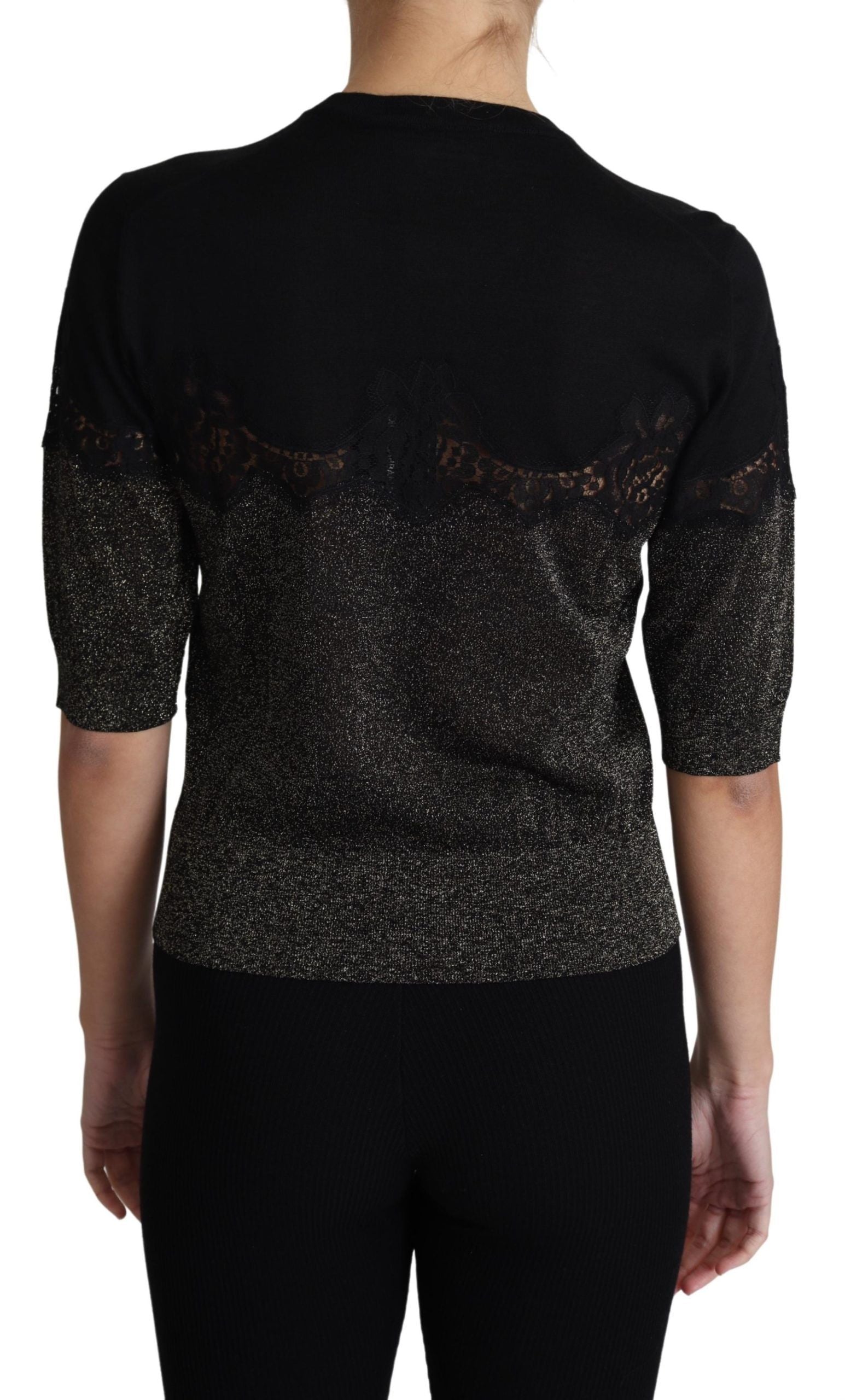 Dolce &amp; Gabbana Black Shiny Lurex Lace Insert Pullover Top