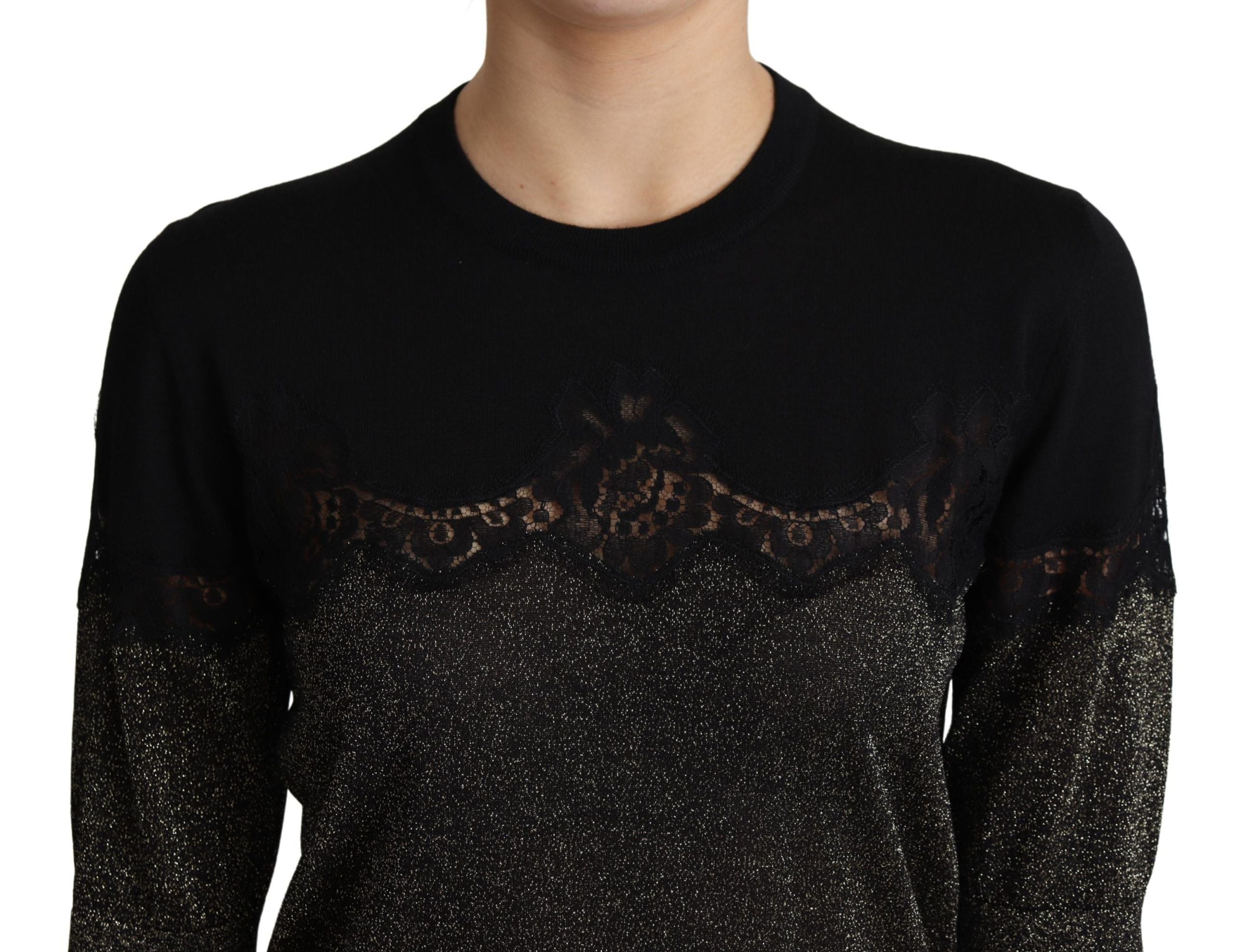 Dolce &amp; Gabbana Black Shiny Lurex Lace Insert Pullover Top