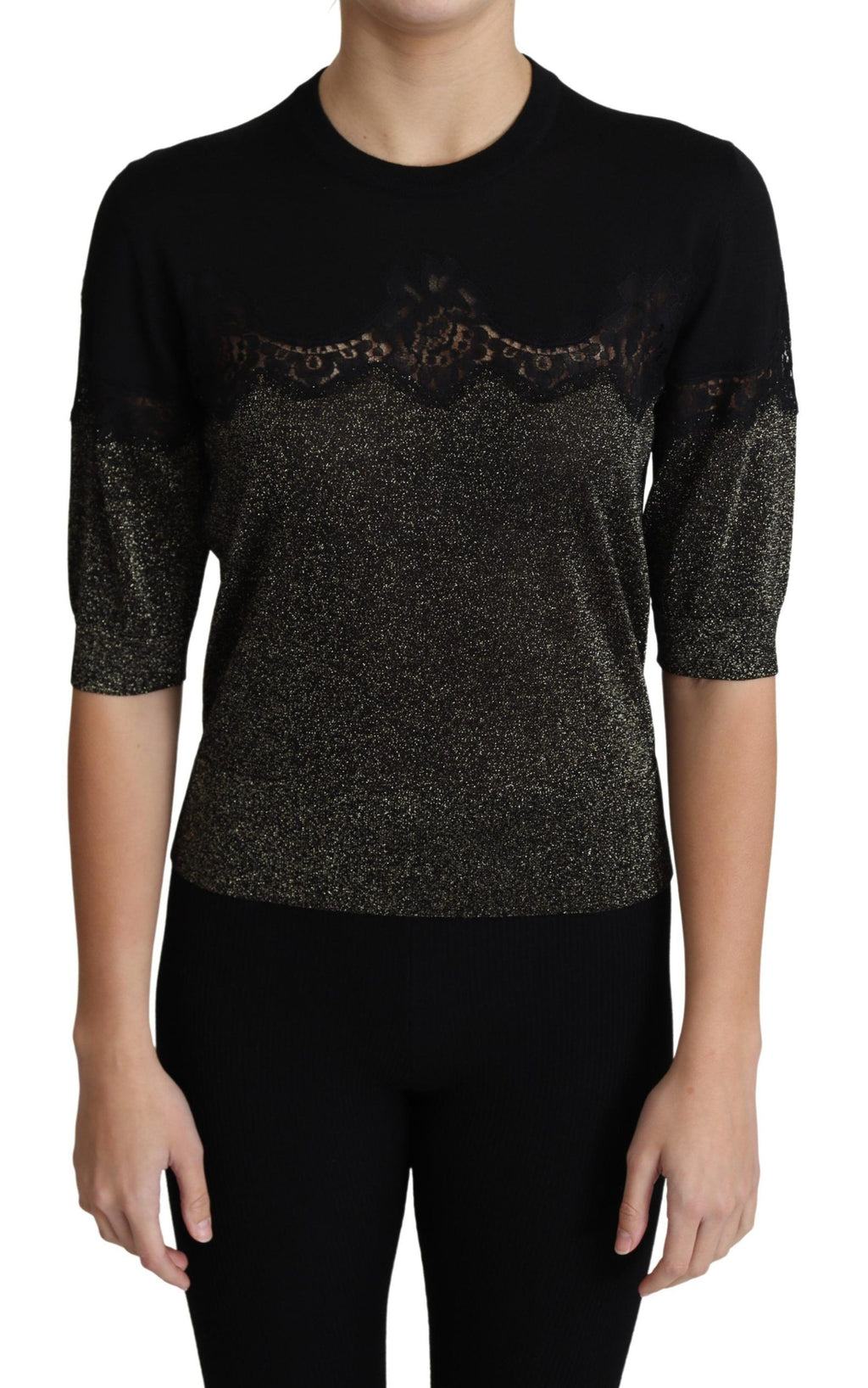 Dolce &amp; Gabbana Black Shiny Lurex Lace Insert Pullover Top