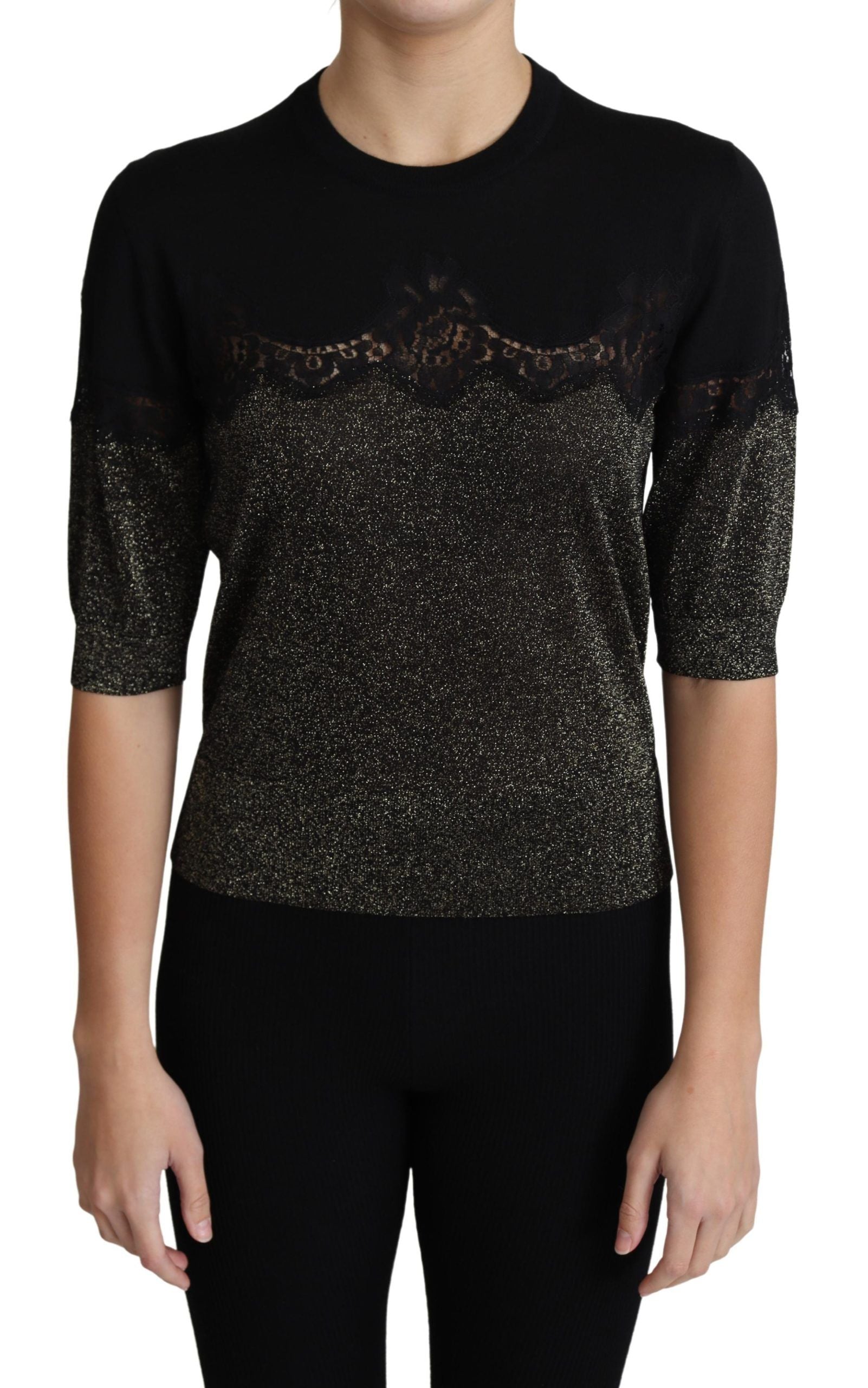 Dolce &amp; Gabbana Black Shiny Lurex Lace Insert Pullover Top