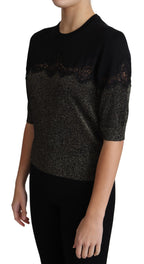 Dolce &amp; Gabbana Black Shiny Lurex Lace Insert Pullover Top