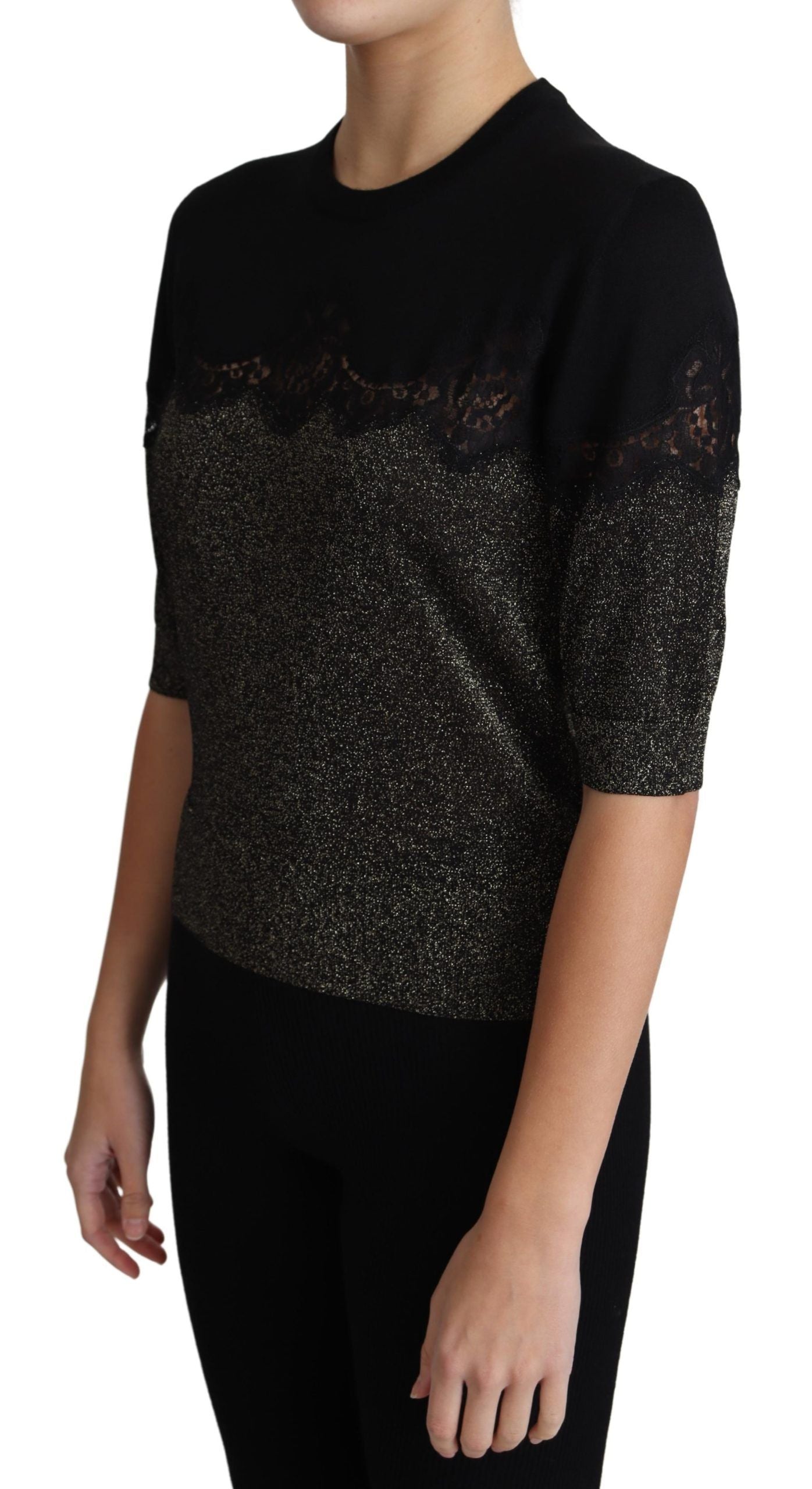 Dolce &amp; Gabbana Black Shiny Lurex Lace Insert Pullover Top
