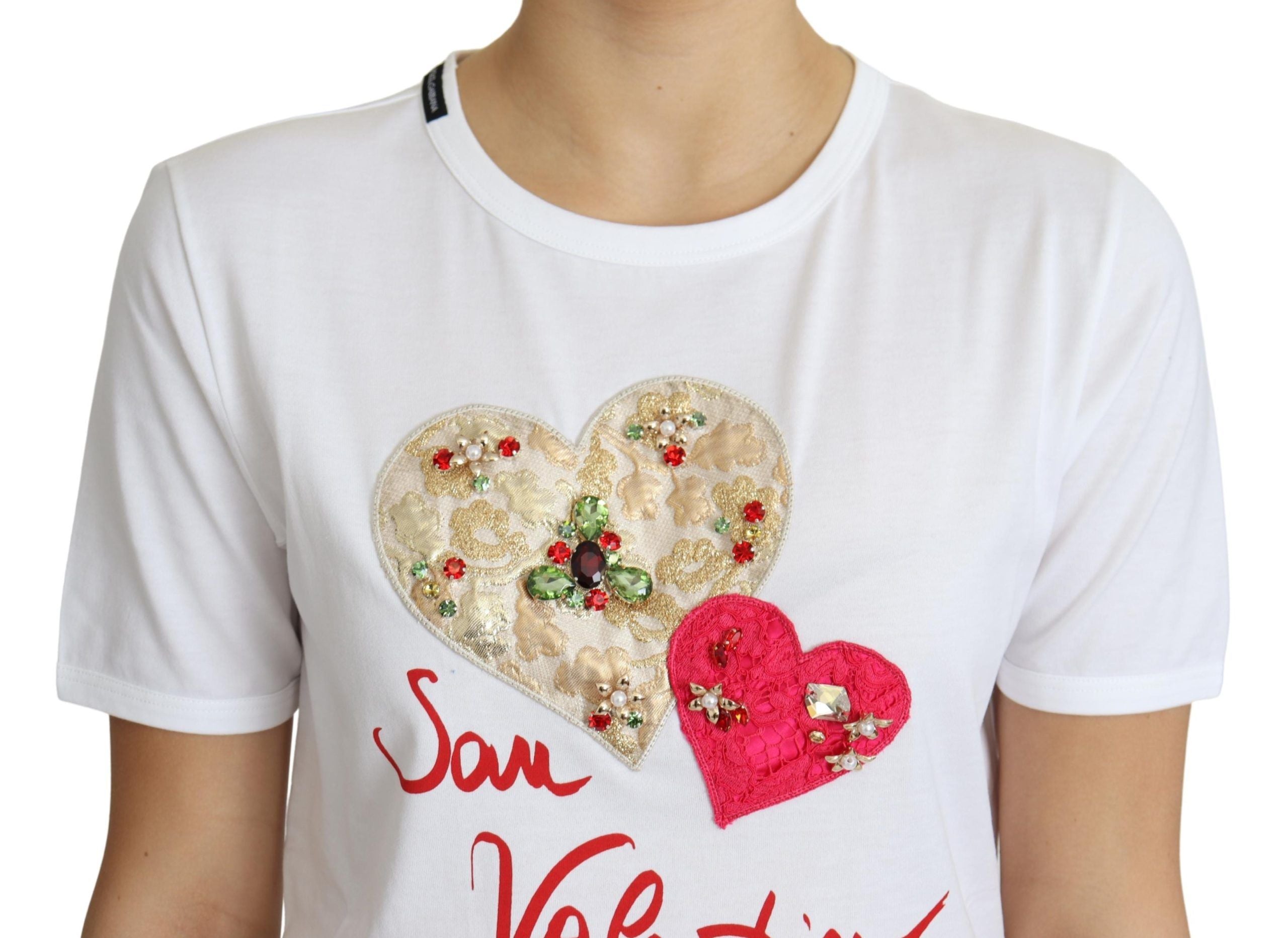 Dolce &amp; Gabbana White Valentine's Day Heart Crystals T-shirt Top