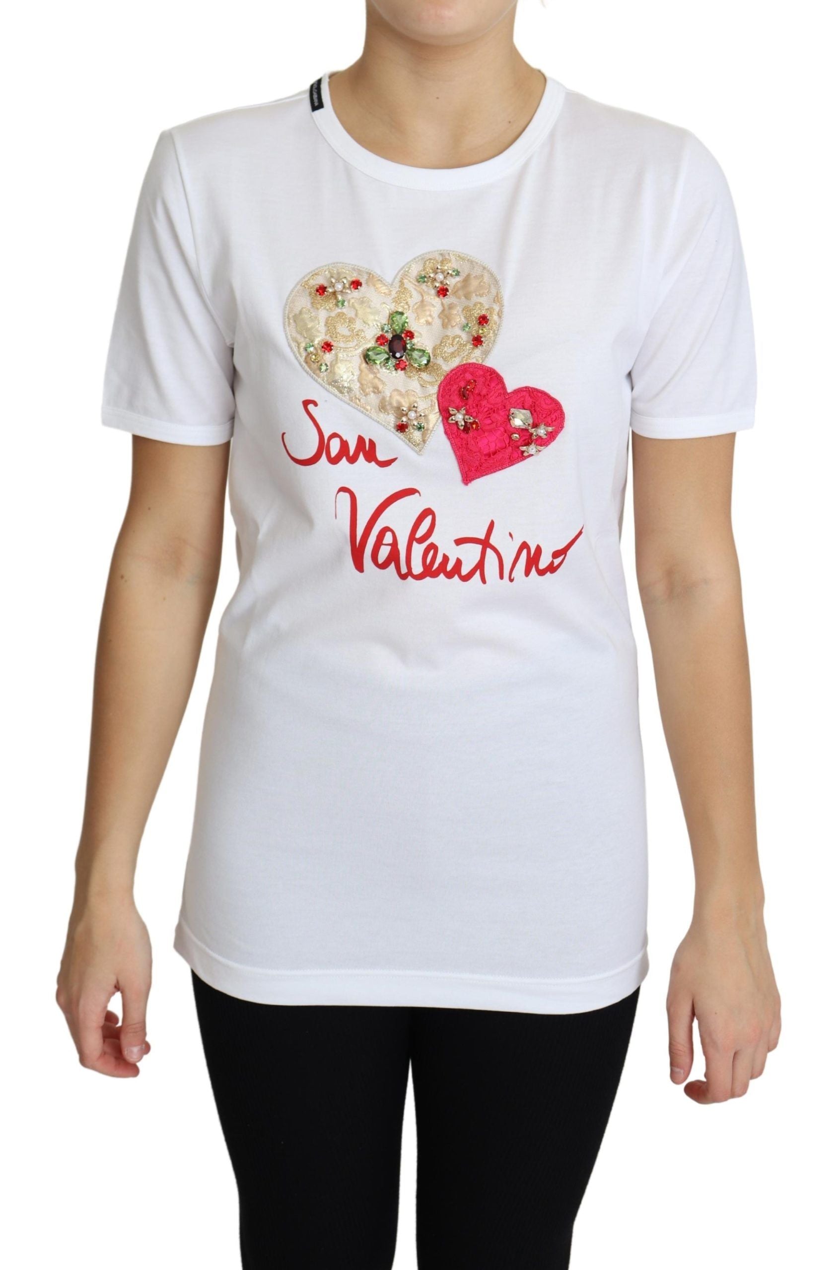 Dolce &amp; Gabbana White Valentine's Day Heart Crystals T-shirt Top