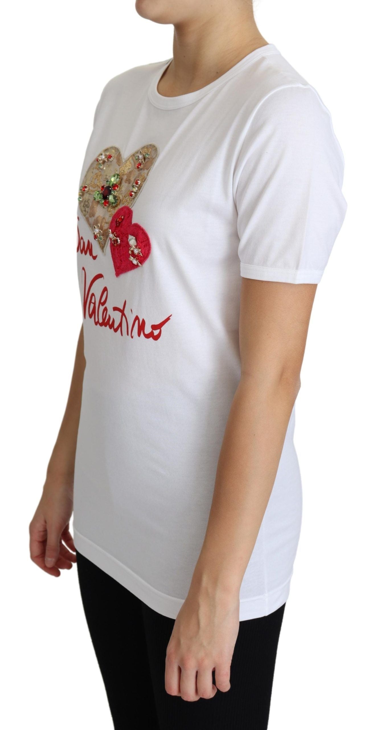 Dolce &amp; Gabbana White Valentine's Day Heart Crystals T-shirt Top