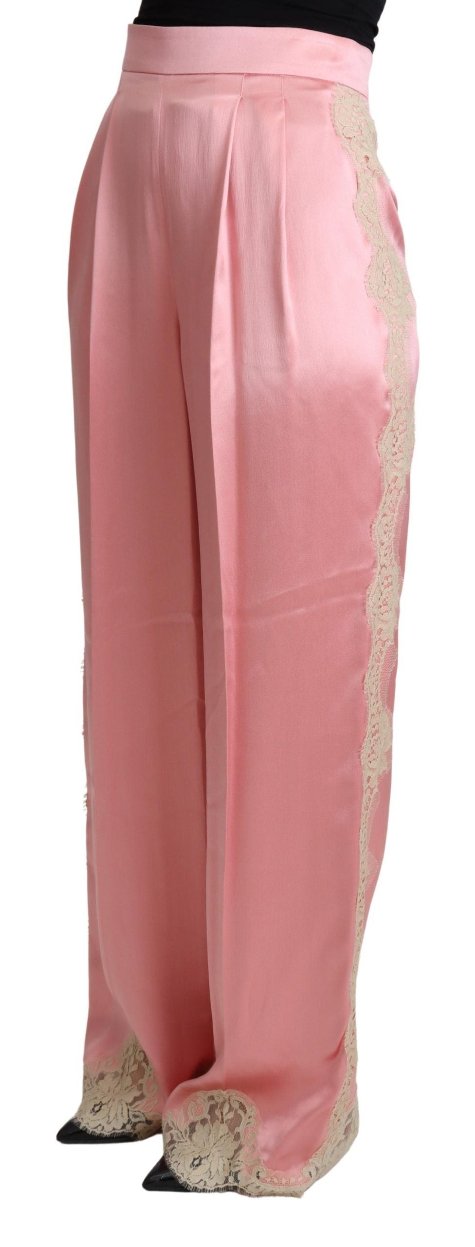 Dolce &amp; Gabbana Pink Lace Trimmed Silk Satin Wide Legs Pants