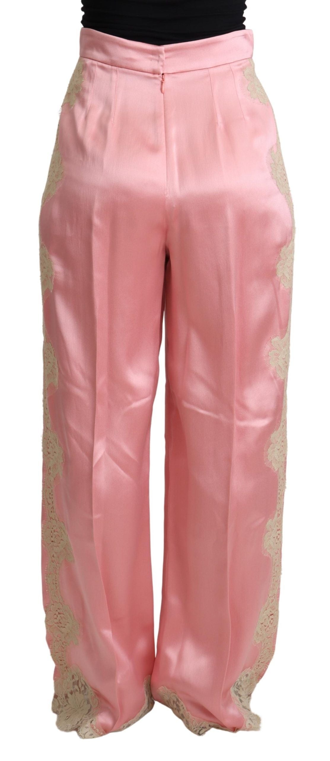 Dolce &amp; Gabbana Pink Lace Trimmed Silk Satin Wide Legs Pants