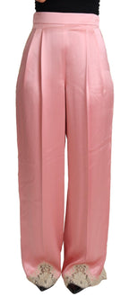 Dolce &amp; Gabbana Pink Lace Trimmed Silk Satin Wide Legs Pants
