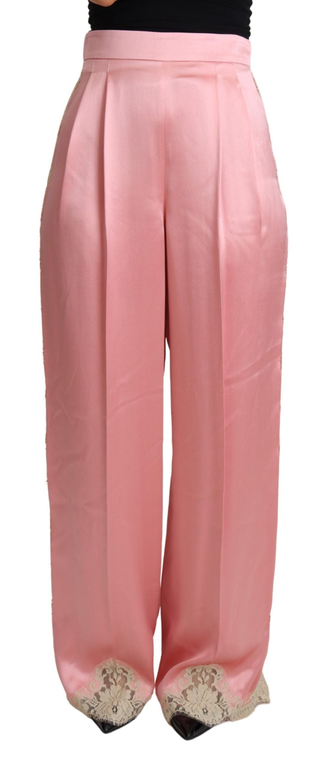 Dolce &amp; Gabbana Pink Lace Trimmed Silk Satin Wide Legs Pants