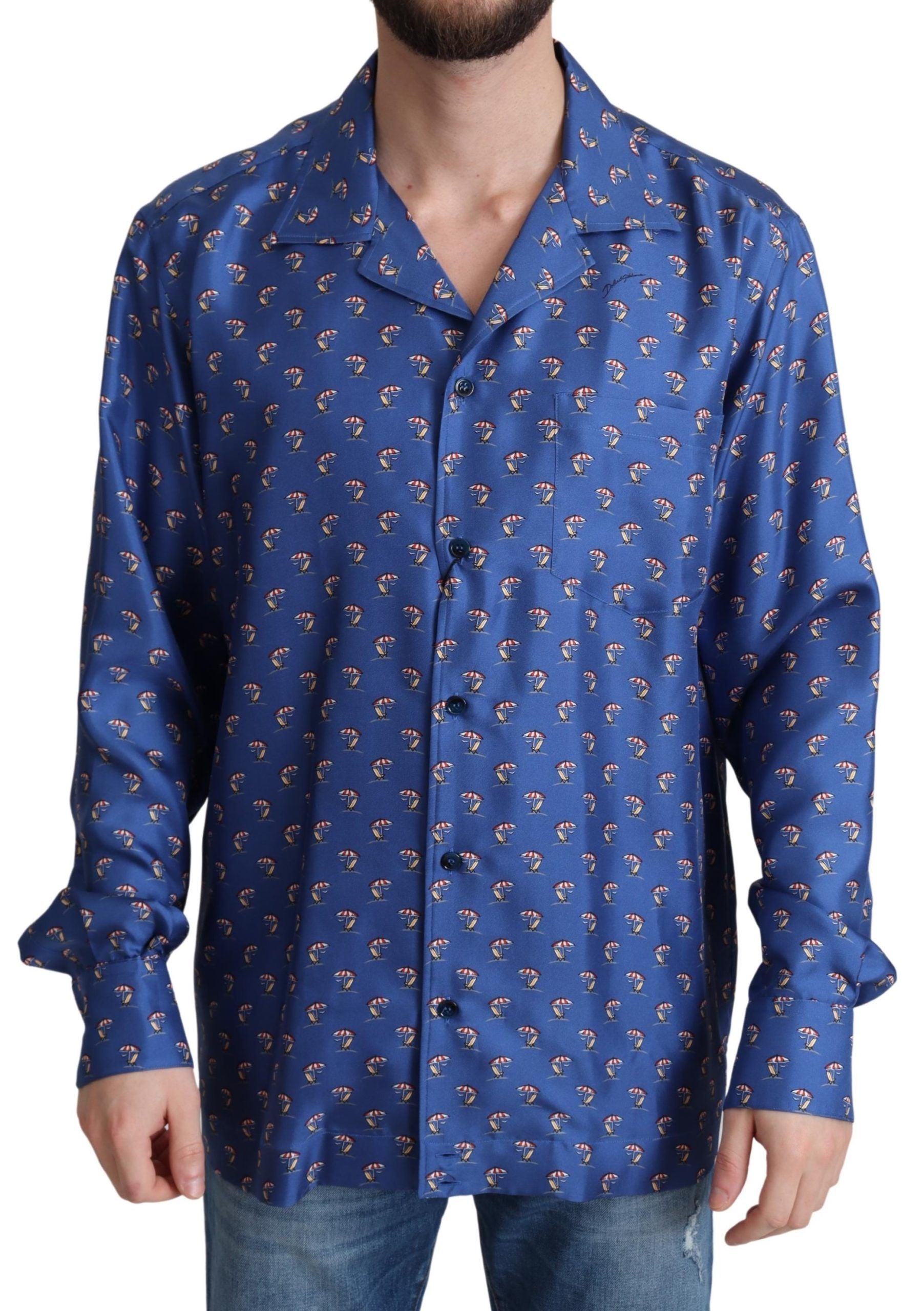 Dolce &amp; Gabbana Blue Beach Chair Umbrella Print Silk Shirt