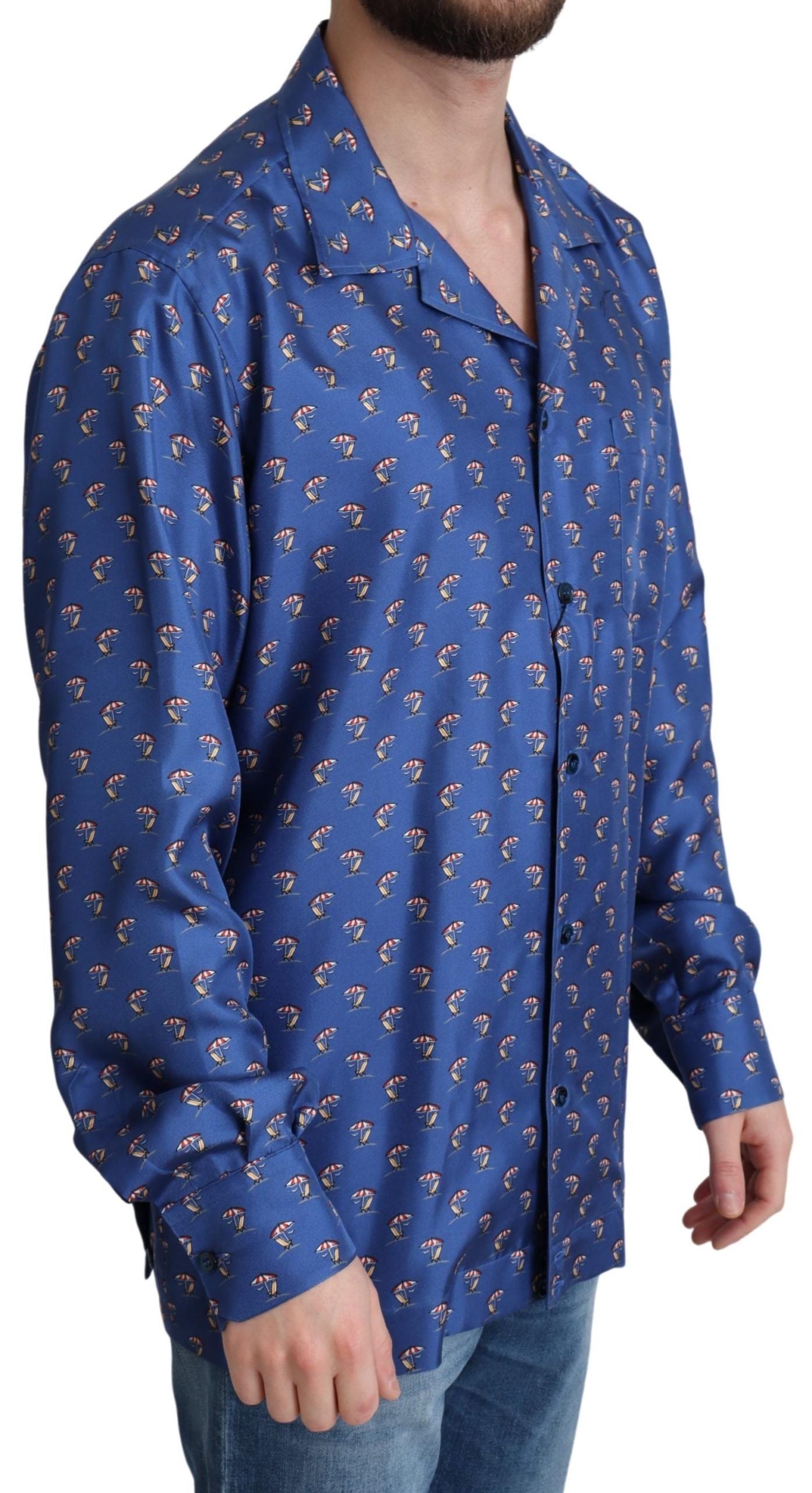 Dolce &amp; Gabbana Blue Beach Chair Umbrella Print Silk Shirt