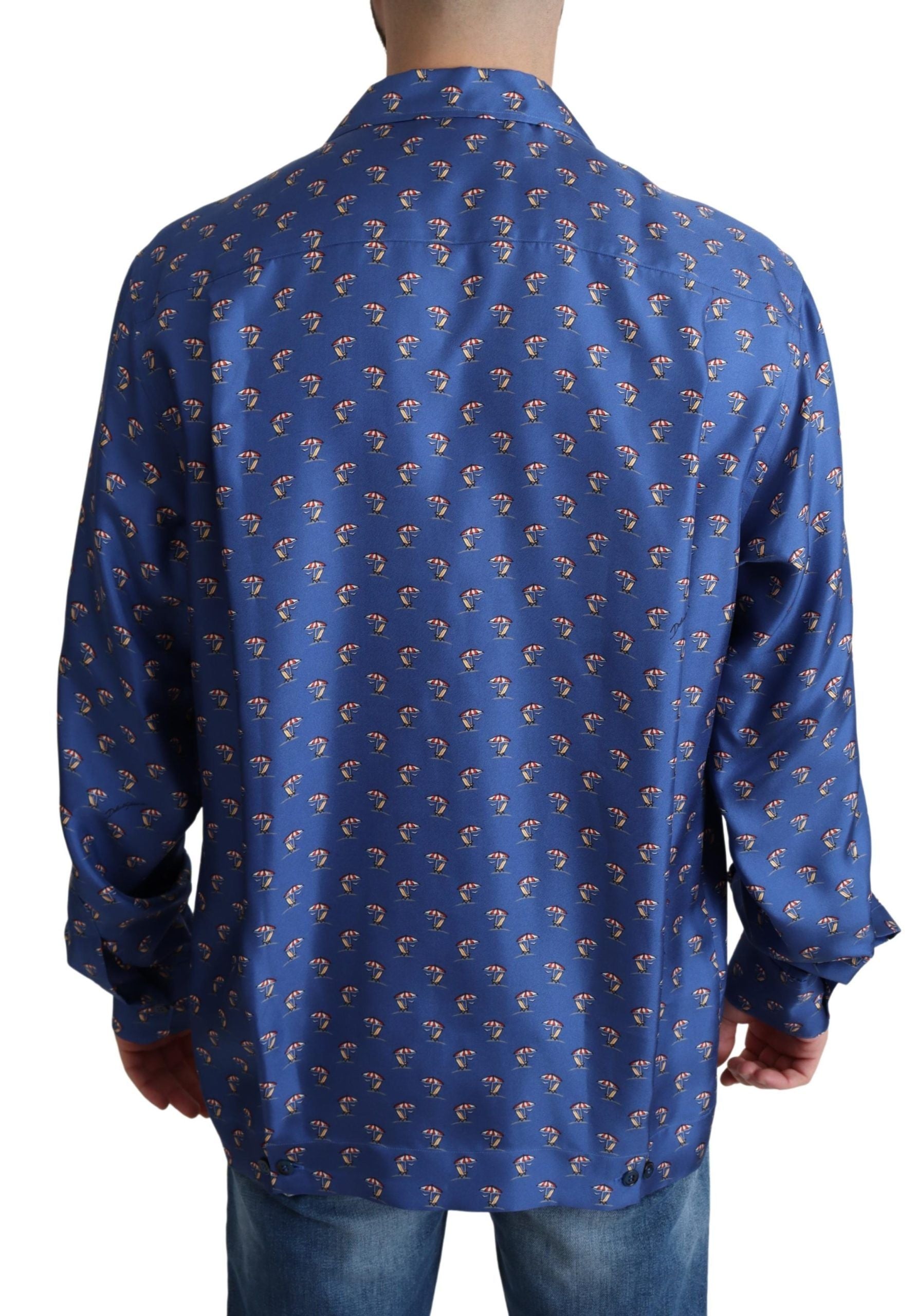 Dolce &amp; Gabbana Blue Beach Chair Umbrella Print Silk Shirt