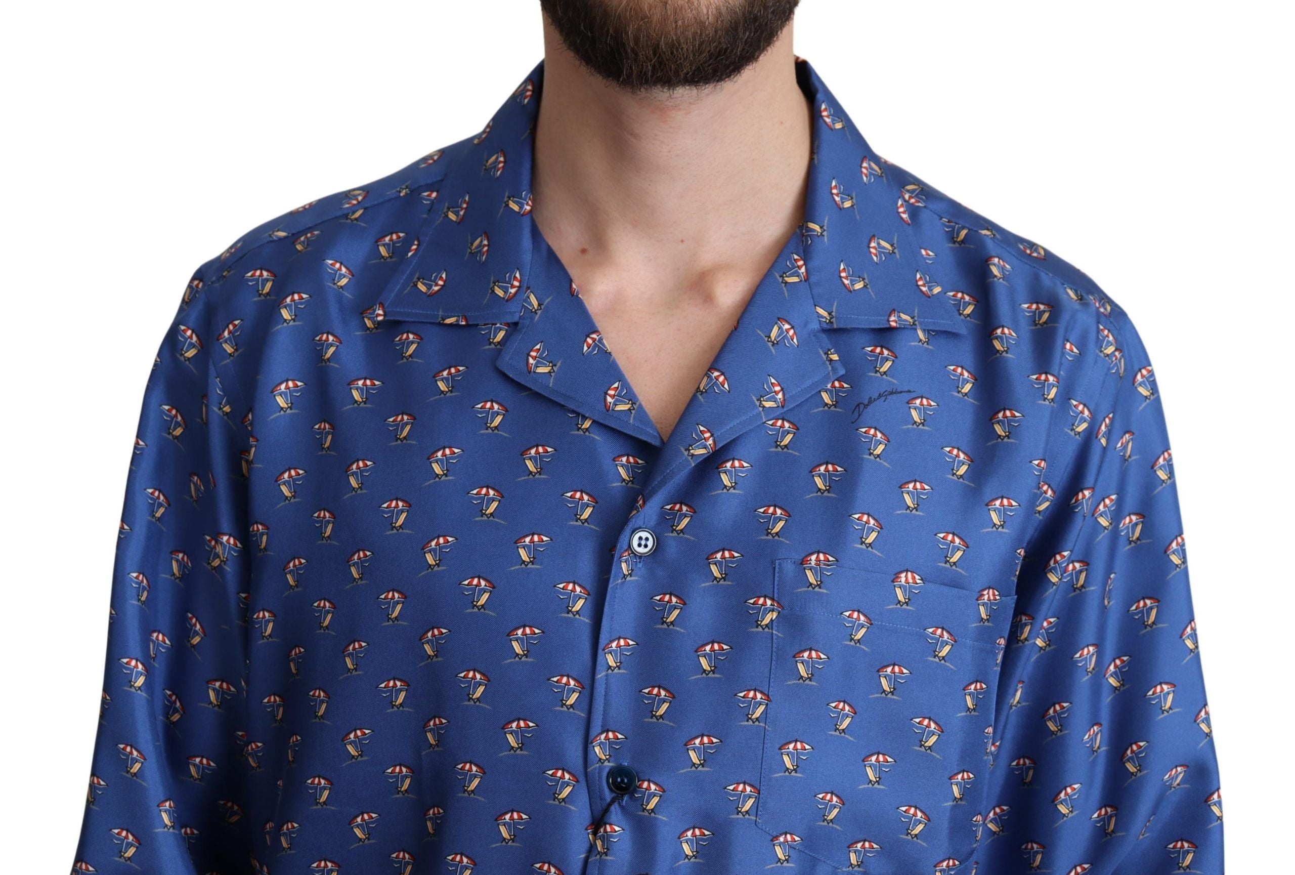 Dolce &amp; Gabbana Blue Beach Chair Umbrella Print Silk Shirt