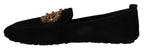 Dolce &amp; Gabbana Black Leather Crystal Gold Crown Loafers Shoes