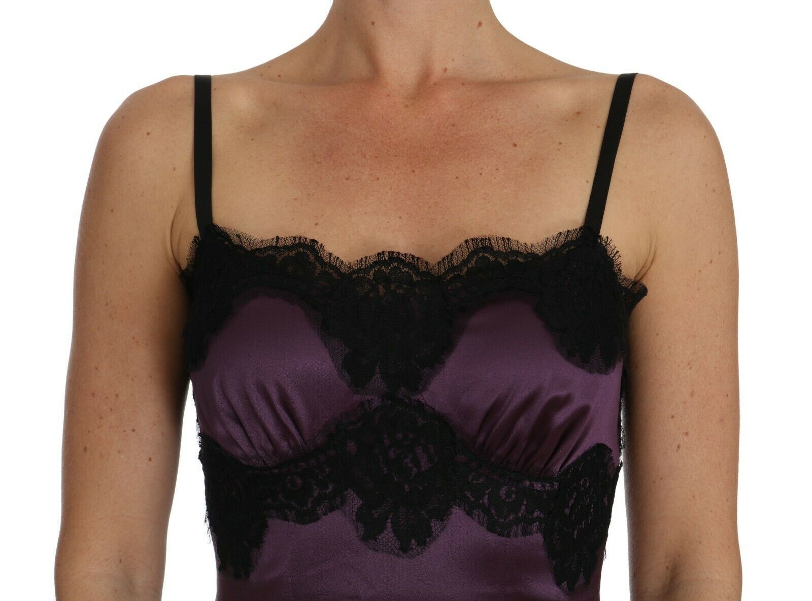 Dolce &amp; Gabbana Purple Silk Stretch Black Lace A-Line Dress