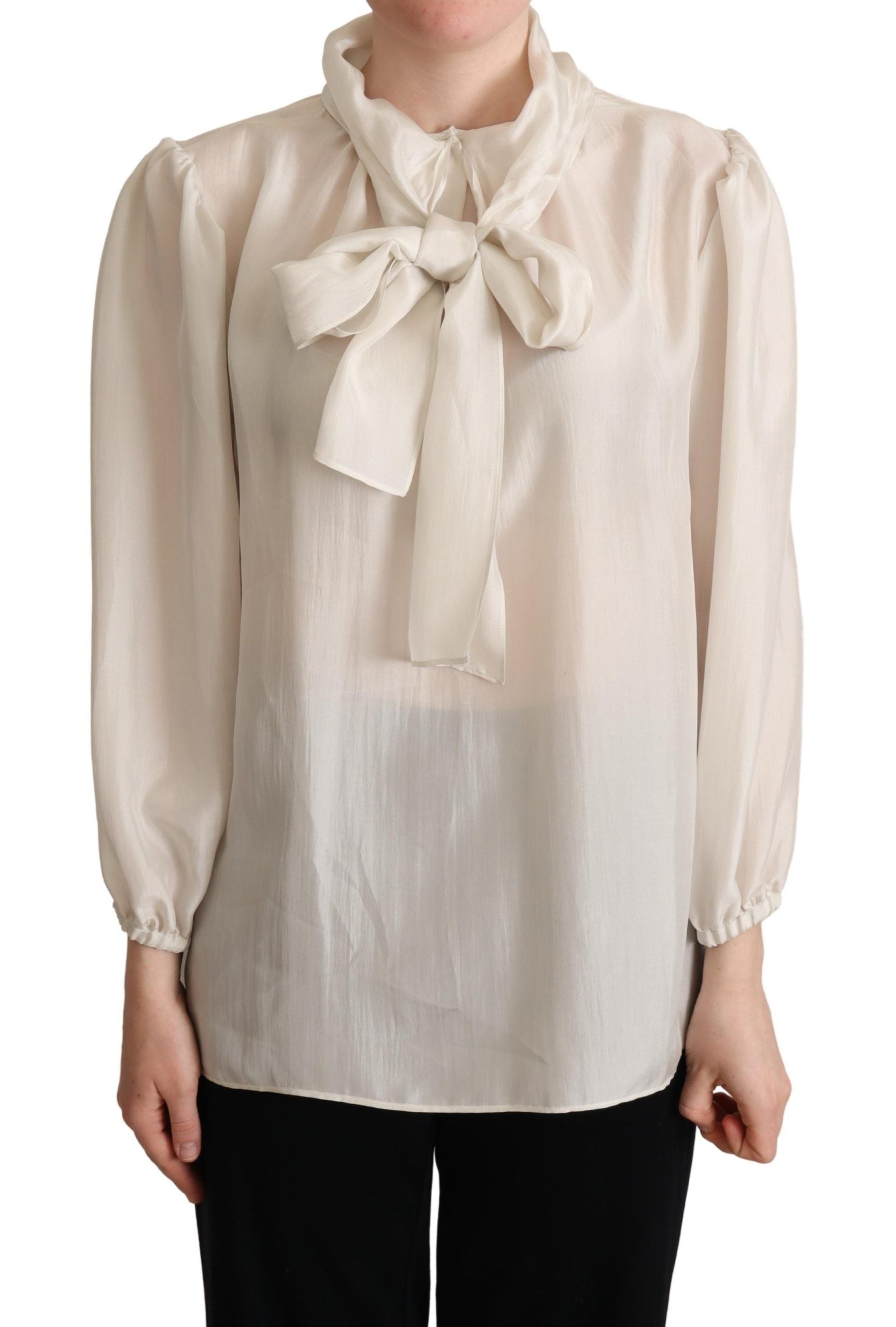 Dolce &amp; Gabbana Light Gray Ascot Collar Shirt Silk Blouse Top