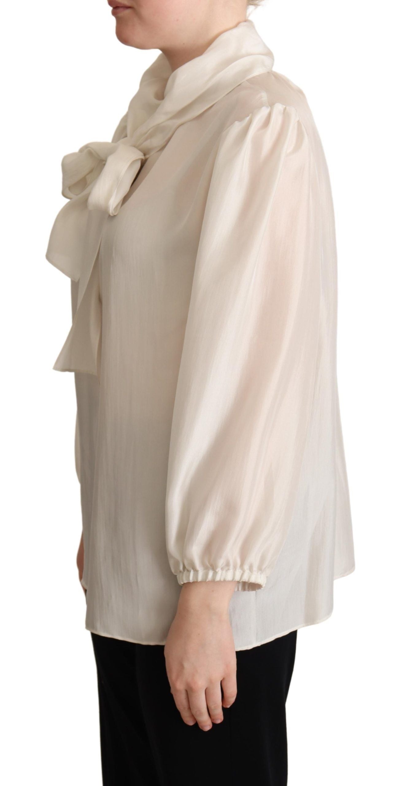 Dolce &amp; Gabbana Light Gray Ascot Collar Shirt Silk Blouse Top