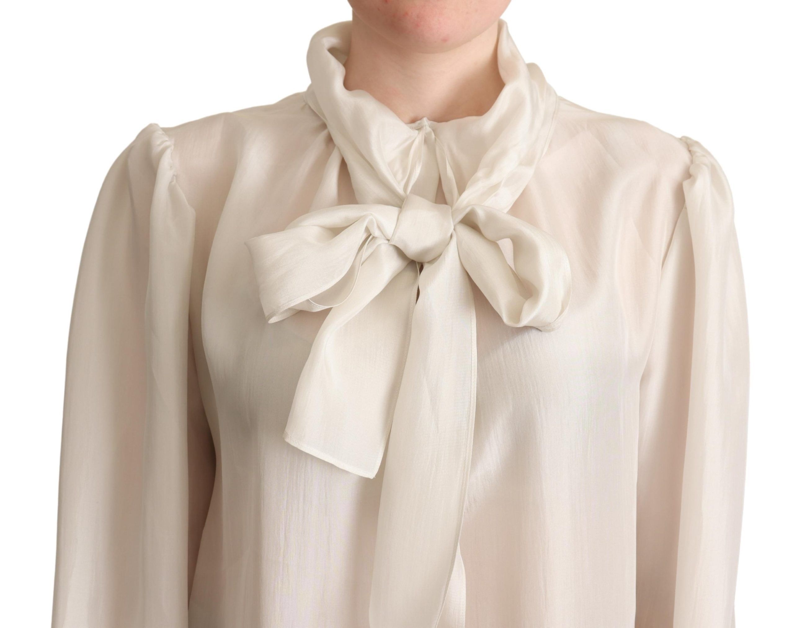 Dolce &amp; Gabbana Light Gray Ascot Collar Shirt Silk Blouse Top