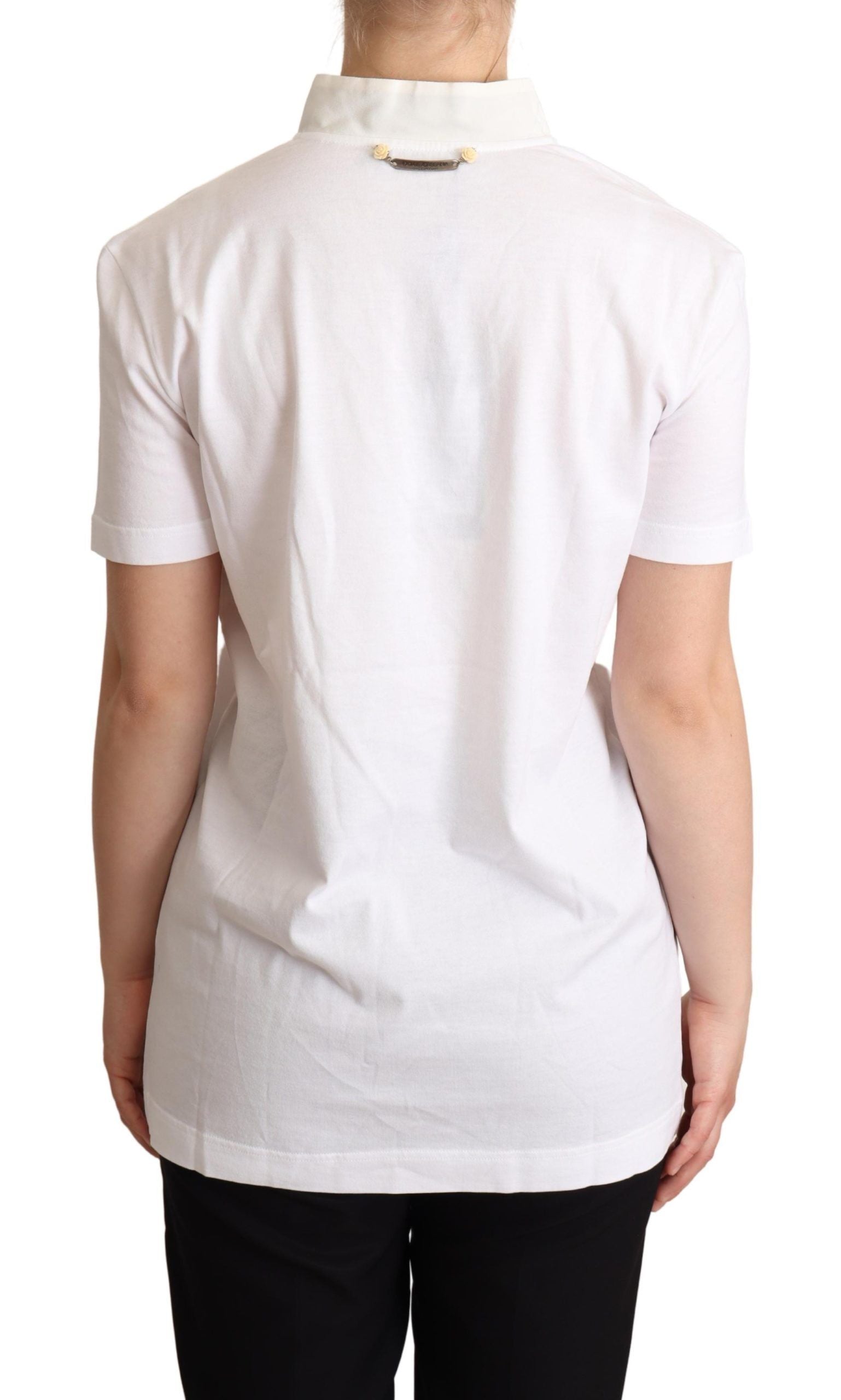 Dolce &amp; Gabbana White Cotton Silk Blend Ascot Collar T-shirt