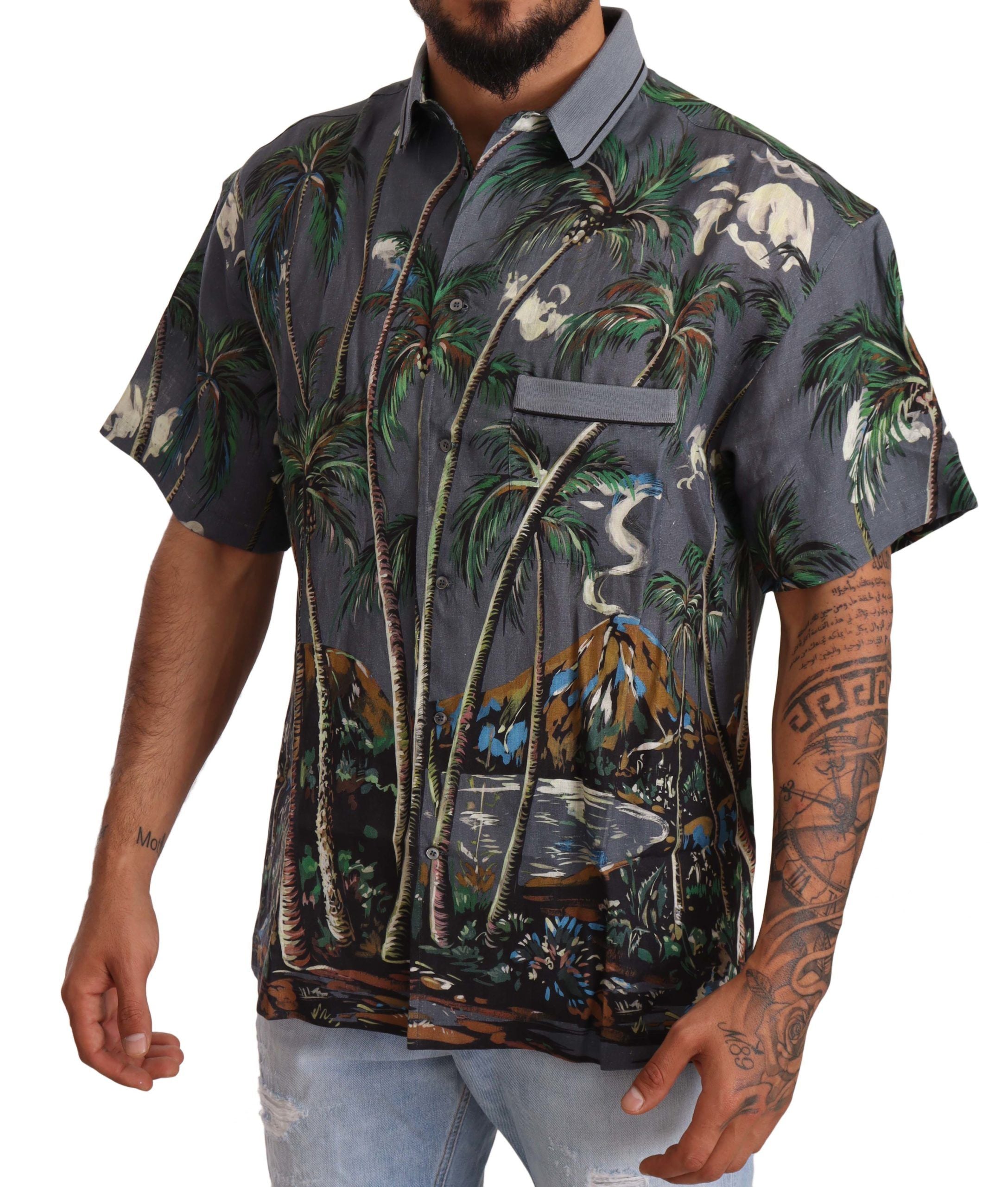 Dolce &amp; Gabbana Gray Linen Tropical Print Collared Shirt