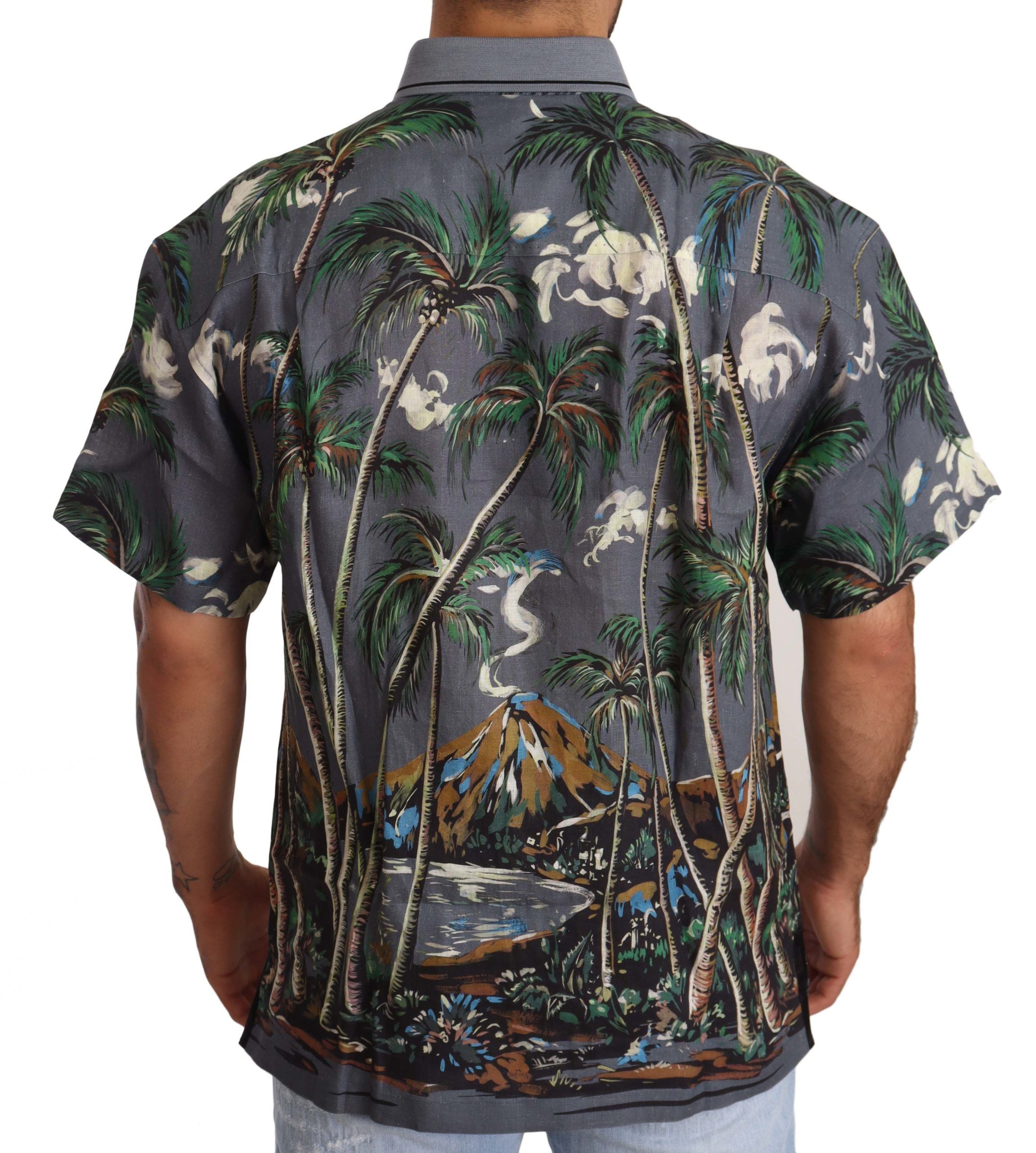 Dolce &amp; Gabbana Gray Linen Tropical Print Collared Shirt