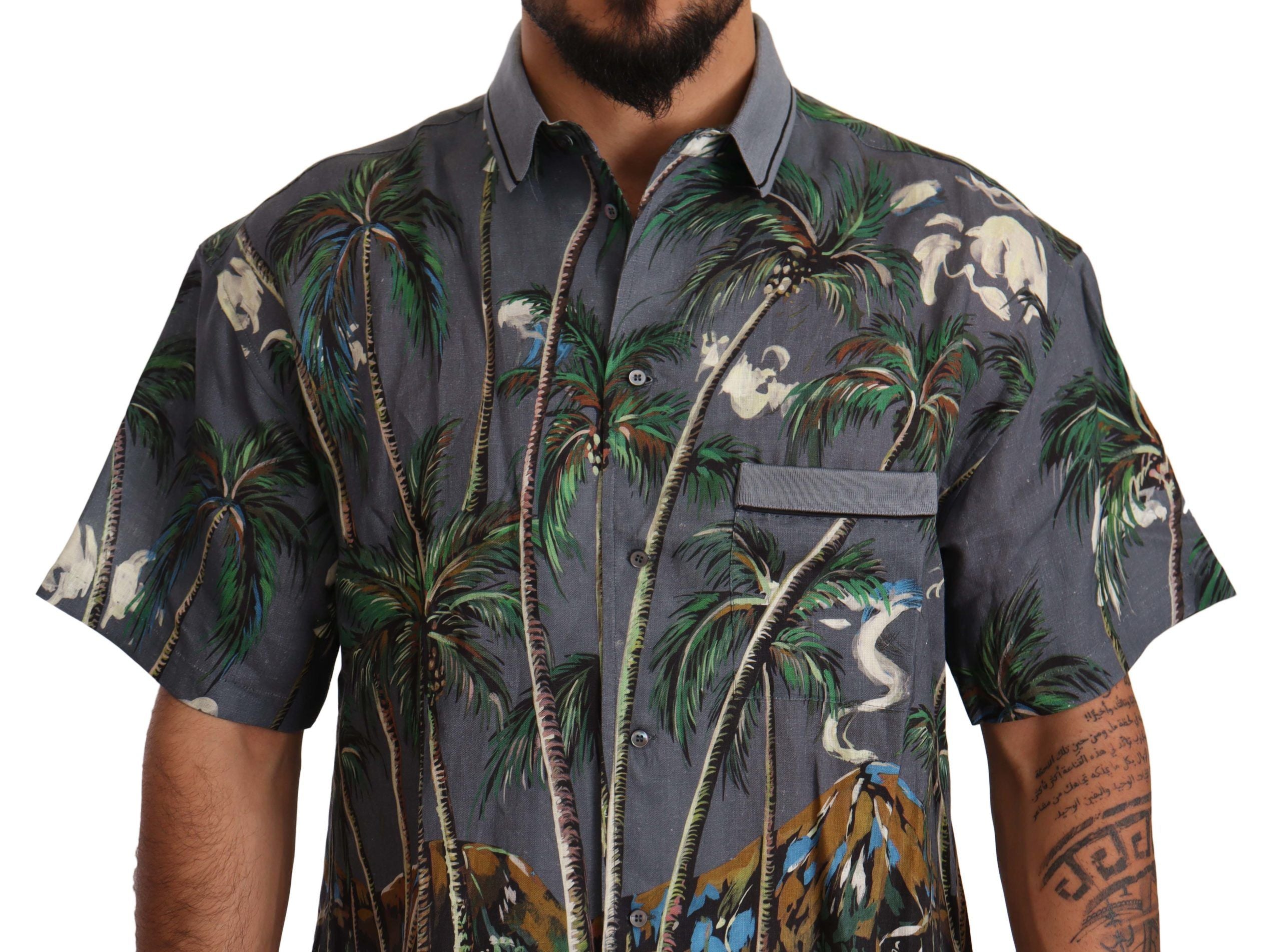 Dolce &amp; Gabbana Gray Linen Tropical Print Collared Shirt