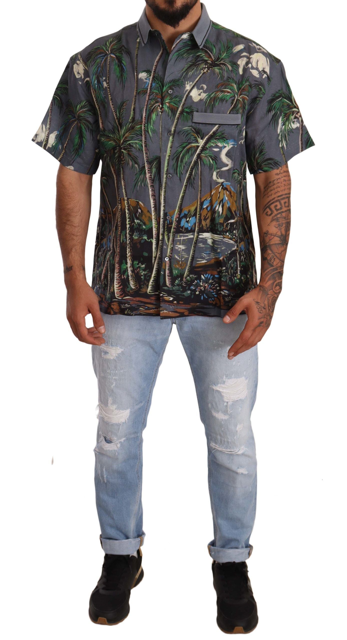 Dolce &amp; Gabbana Gray Linen Tropical Print Collared Shirt