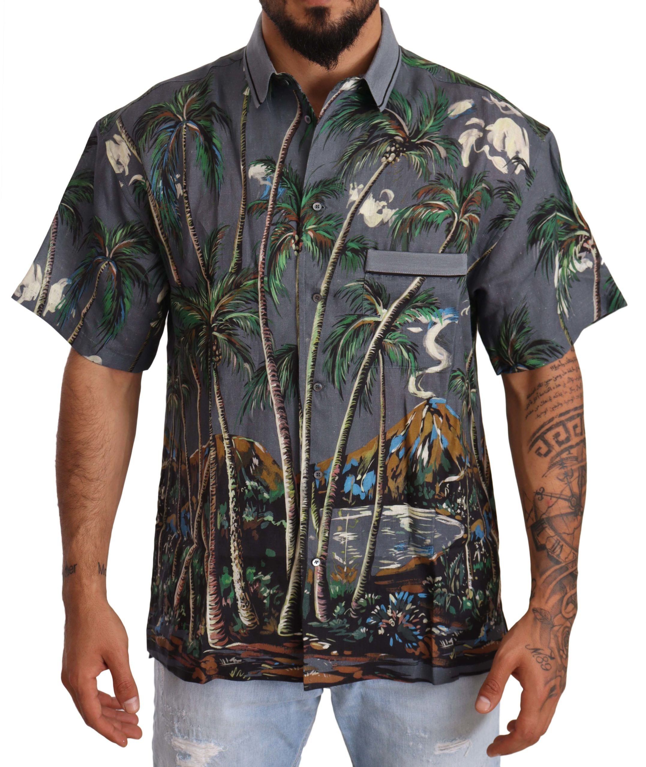 Dolce &amp; Gabbana Gray Linen Tropical Print Collared Shirt