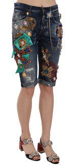 Dolce & Gabbana Blue Denim Mid Waist Crystal Capri Shorts