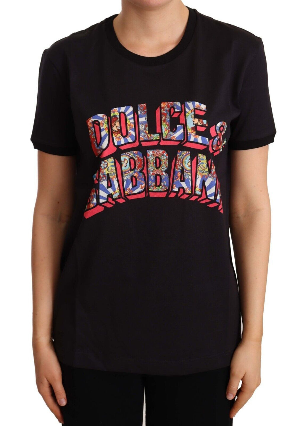 Dolce &amp; Gabbana Black Cotton Large Print Top Crewneck T-shirt