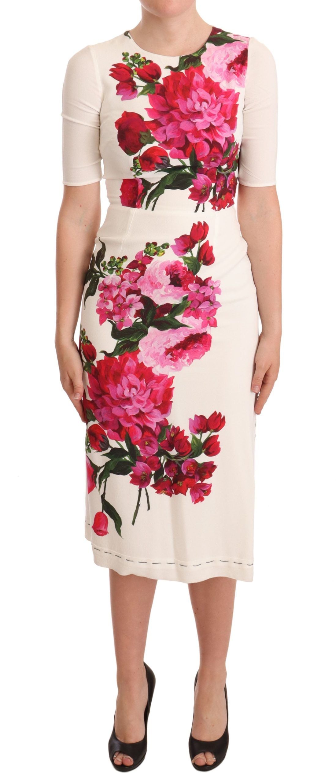 Dolce &amp; Gabbana White Floral Printed Crepe Midi Slit Dress