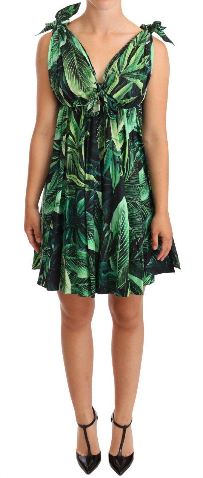 Dolce &amp; Gabbana Green Leaves Print Cotton Flared Mini Dress