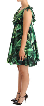 Dolce &amp; Gabbana Green Leaves Print Cotton Flared Mini Dress