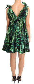 Dolce &amp; Gabbana Green Leaves Print Cotton Flared Mini Dress