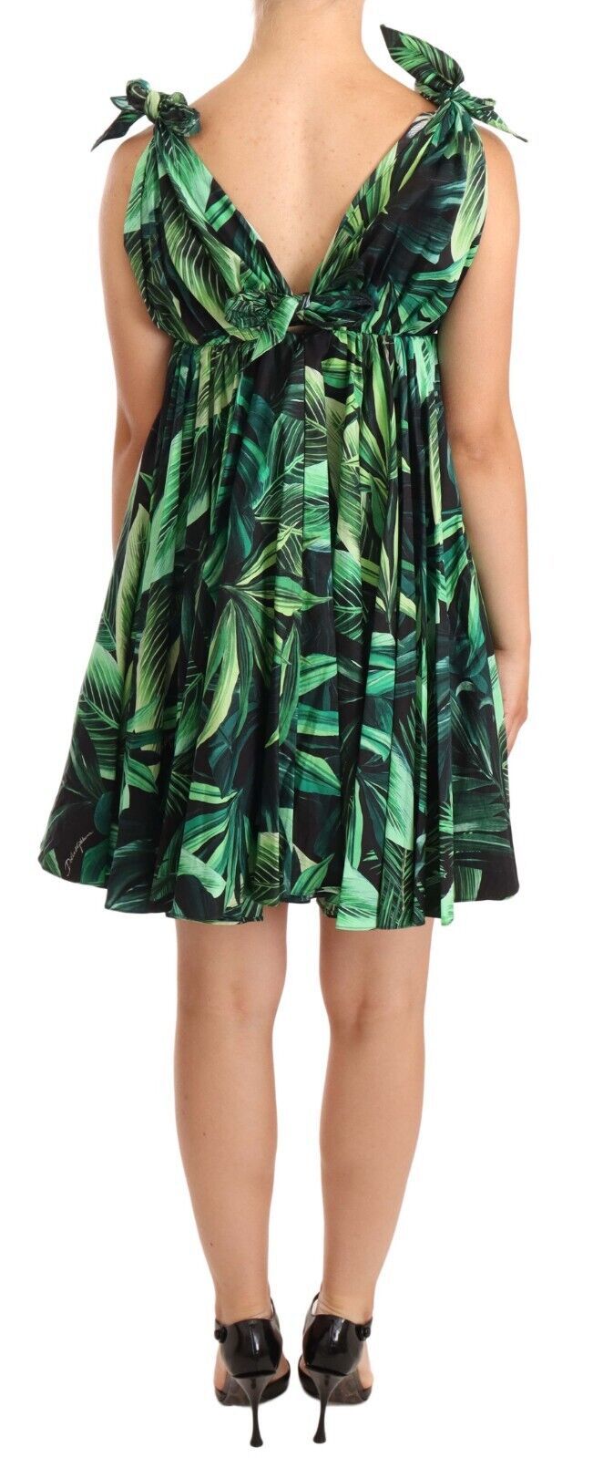 Dolce &amp; Gabbana Green Leaves Print Cotton Flared Mini Dress