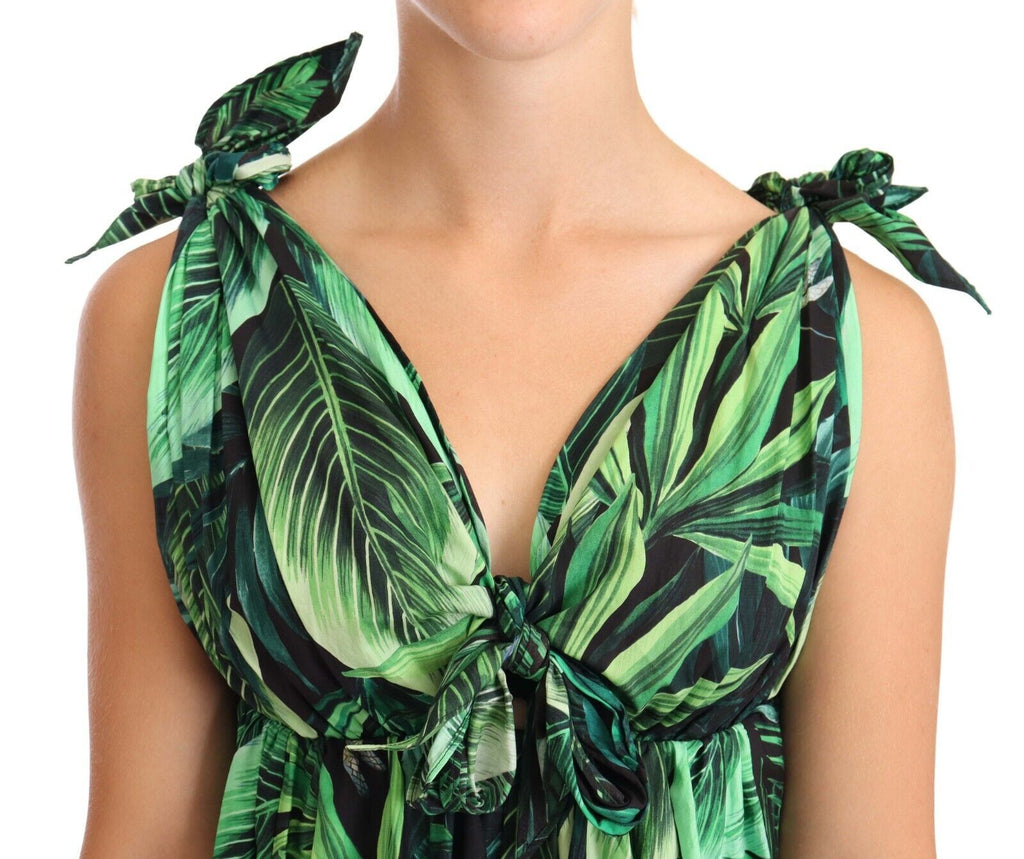 Dolce &amp; Gabbana Green Leaves Print Cotton Flared Mini Dress
