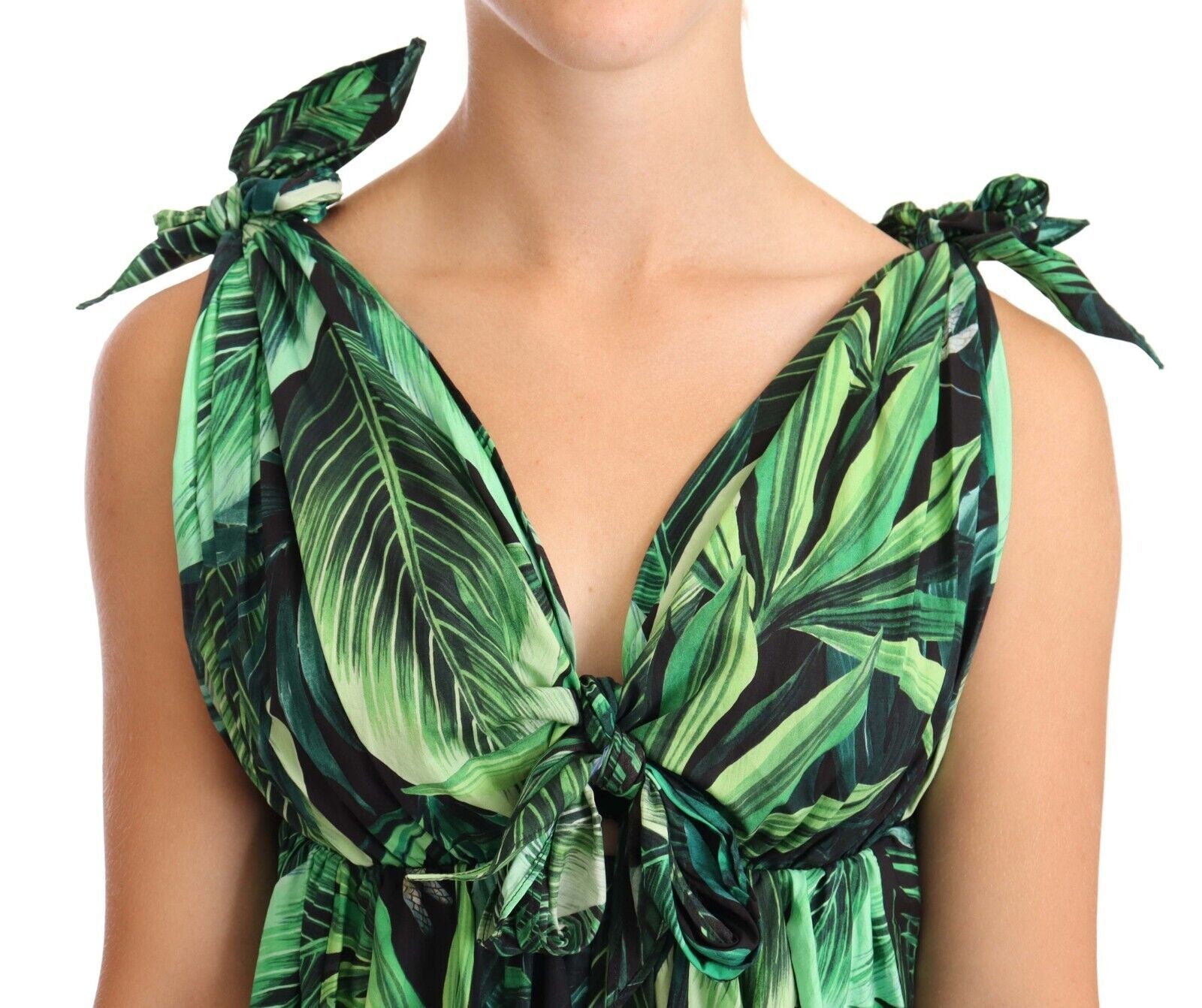 Dolce &amp; Gabbana Green Leaves Print Cotton Flared Mini Dress