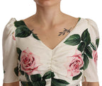 Dolce &amp; Gabbana White Roses Print Stretch Silk Pleated Dress