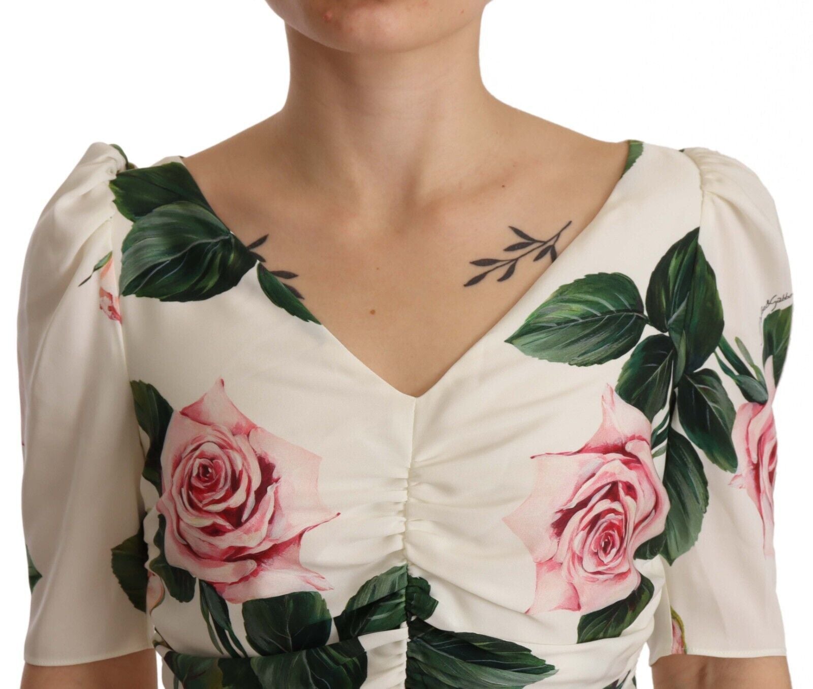 Dolce &amp; Gabbana White Roses Print Stretch Silk Pleated Dress