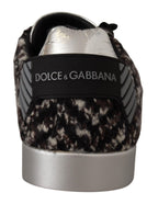 Dolce &amp; Gabbana Silver Leather Brown Cotton Wool Sneakers Shoes