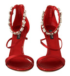 Dolce &amp; Gabbana Red Satin Crystals Sandals Keira Heels Shoes