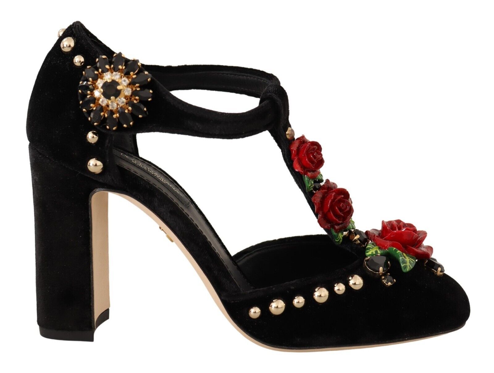 Dolce &amp; Gabbana Black Mary Jane Pumps Roses Crystals Shoes