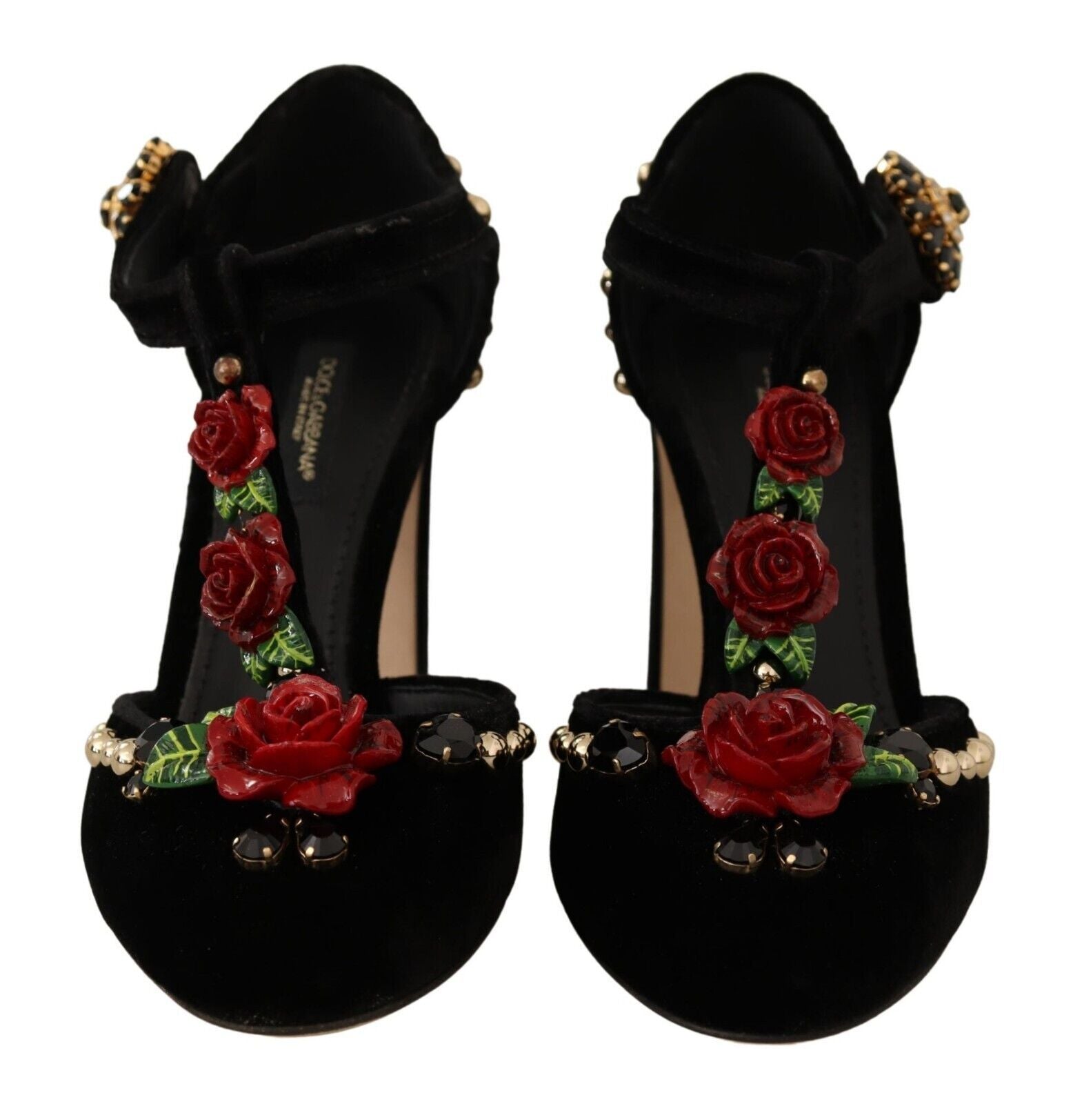 Dolce &amp; Gabbana Black Mary Jane Pumps Roses Crystals Shoes