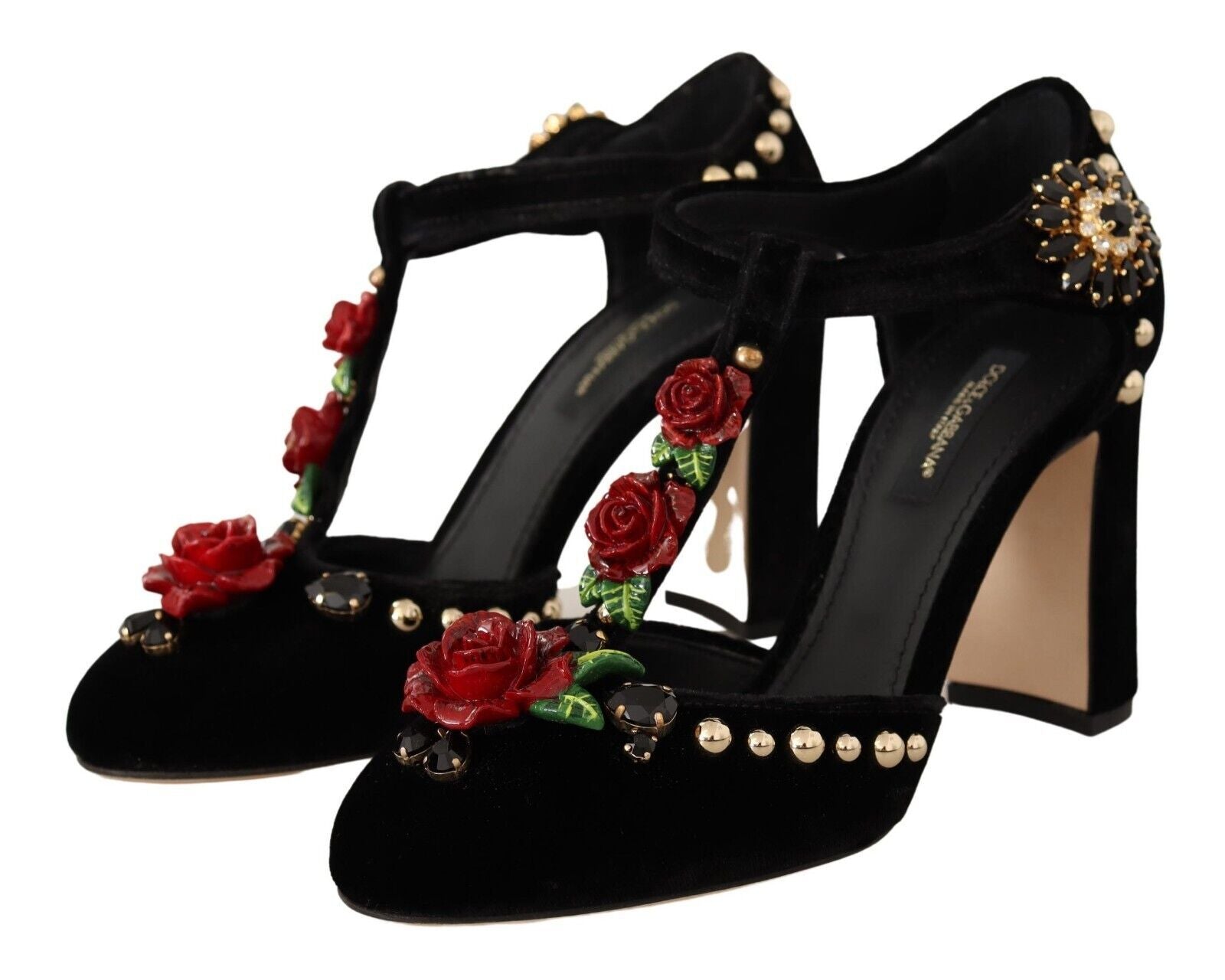 Dolce &amp; Gabbana Black Mary Jane Pumps Roses Crystals Shoes