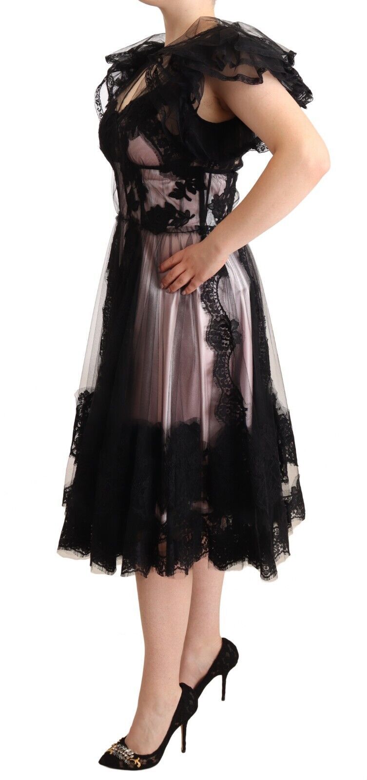 Dolce &amp; Gabbana Black Pink Floral Lace A-line Midi Sheer Dress