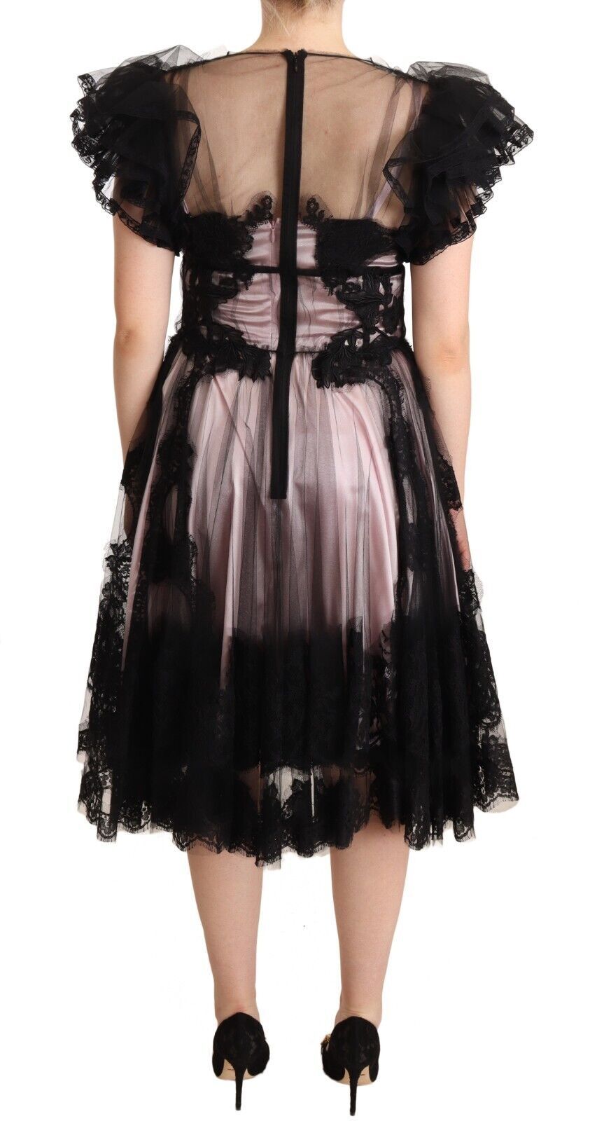 Dolce &amp; Gabbana Black Pink Floral Lace A-line Midi Sheer Dress